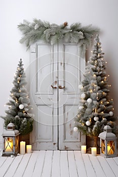 Christmas staged set with christmas trees fronting wooden door