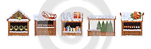 Christmas stalls. Wooden souvenirs kiosks for winter holiday fair new year eve, xmas bazaar stall with tree decoration