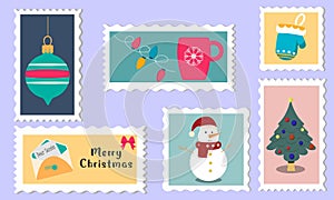 Christmas stamp collection. Toy, snowman, Christmas tree