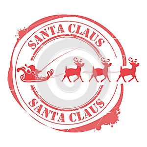 Christmas stamp with Santa Claus in a sleigh rides on deer