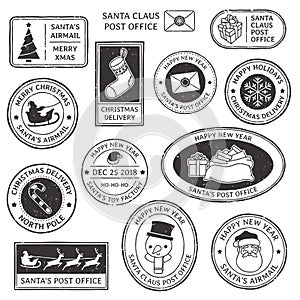 Christmas stamp. Vintage Santa Claus postmark, north pole mail cachet and snowflake symbol on stamps vector illustration