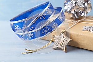 Christmas star, baubles and Christmas present.