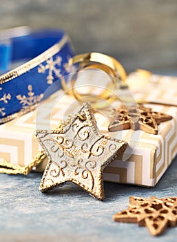 Christmas star, baubles and Christmas present. Christmas decoration.