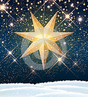 Christmas star lantern in scandinavian style with stardust on dark blue sky, illustration