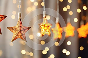 Christmas star lights on blurred background. Led string light decoration. AI generated
