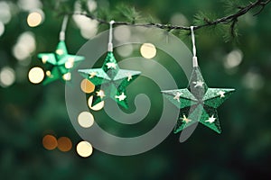 Christmas star lights on blurred green background. Led string light decoration. AI generated