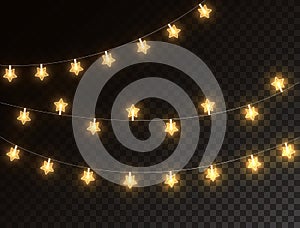 Christmas star lights isolated on dark transparent background. Glowing golden garland lights. Led neon lamp. Bright