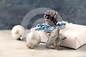 Christmas star and silver baubles. Christmas decoration.