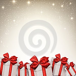 Christmas starry background with gift boxes.