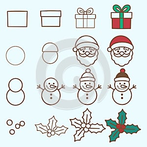 Christmas step by step drawing tutorial for gifts Santa face snowmen and holiday elements