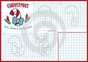 Christmas step by step drawing worksheet. How to draw a candy cane. Complete the picture by example activity. Vector winter