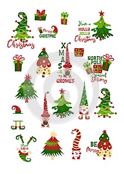 Christmas sticker set with gnomes, Christmas trees, elves, gift boxes isolated on white background