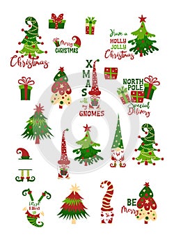 Christmas sticker set with gnomes, Christmas trees, elves, gift boxes isolated on white background photo