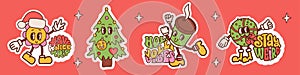 Christmas sticker set with vibrant lettering hippie wishes words. Groovy Hand drawn letters congratulations with retro