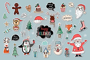 Christmas stickers/badges/magnets collection with seasonal elements,