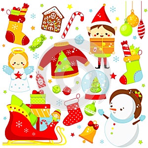 Christmas stickers, icons. Cute Santa elf, sleigh, snowman and other New Year holiday symbols in kawaii style. Big collection of