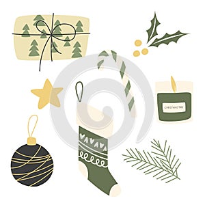 Christmas stickers set.Hand drawn winter elements - gift, candle, pine, mittens, star, sock.Christmas illustration for card,