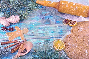 Christmas still life background with gingerbread cookies in decoration frame from ingredient for baking