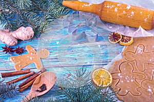 Christmas still life background with gingerbread cookies in decoration frame from ingredient for baking