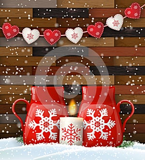 Christmas still-life with candle and tea mugs