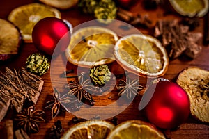 Christmas still life with fruit and spices