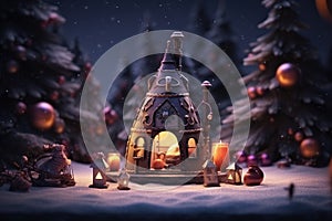 Christmas still life with a lantern and candles in the snow against the background of a Christmas tree, Christmas and New Year