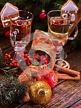 Christmas still life with pair mug cocktail on ribbon.