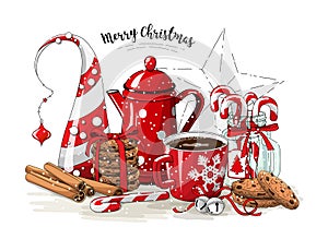 Christmas still-life, red tea pot, coolies, abstract christmas tree, glass jar with candy canes, cinnamon sticks, cup of