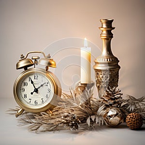 Christmas still life, timeless charm of a rustic clock amidst the evergreen fir whispers nearness of a hopeful New Year