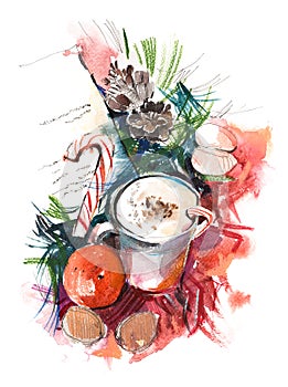 Christmas still life Watercolor. Winter, New year.