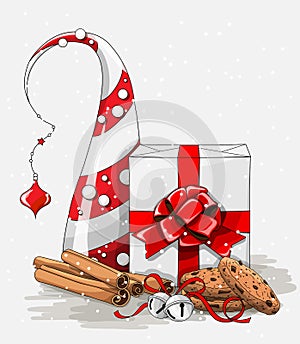 Christmas still-life, white gift box with big red ribbon, cookies, cinnamon and jingle bells and abstract chritmas tree