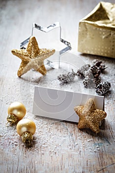 Christmas still life on wood, place card, copy space