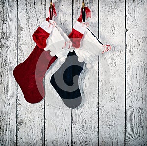 Christmas stocking against rustic wood