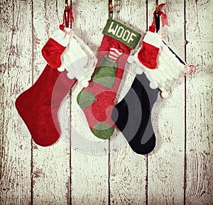 Christmas stocking against rustic wood