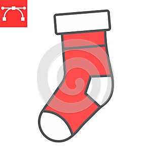 Christmas stocking color line icon, merry christmas and xmas, gift sign vector graphics, editable stroke filled outline