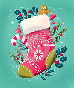 Christmas stocking with decoration on mint background. Cute festive winter holiday illustration. Bright colorful pink and blue