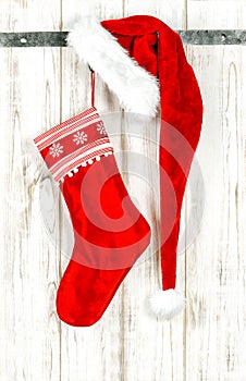 Christmas stocking Decoration red ornaments wooden background