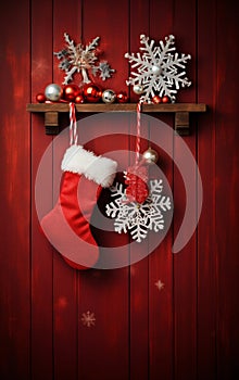 Christmas Stocking and Decorations on Wooden Background. Generative ai