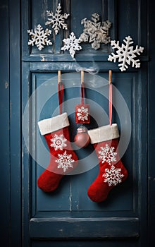 Christmas Stocking and Decorations on Wooden Background. Generative ai