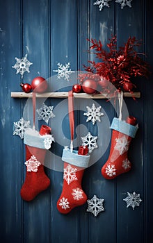 Christmas Stocking and Decorations on Wooden Background. Generative ai