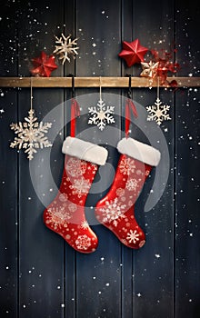 Christmas Stocking and Decorations on Wooden Background. Generative ai