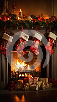 Christmas stocking with gifts near fireplace in room with Christmas tree