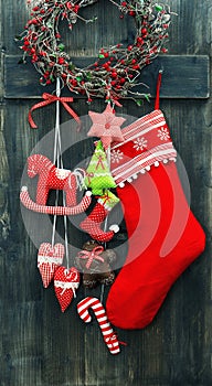 Christmas stocking and handmade toys hanging