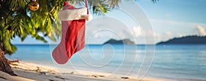 Christmas stocking hanging on coconut palm tree at tropical exotic beach. AI Generated