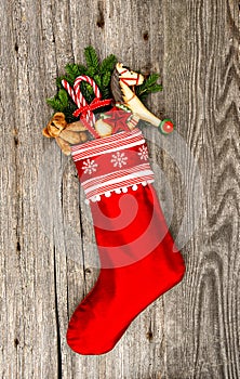 Christmas stocking with nostalgic vintage toy decoration photo