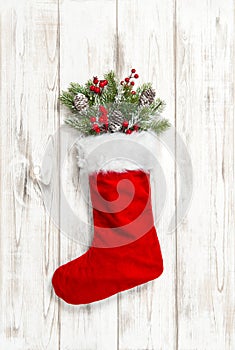 Christmas stocking red decoration wooden background