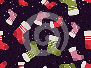 Christmas Stocking seamless pattern. Festive background with Christmas socks for greeting cards, wrapping paper, banners and