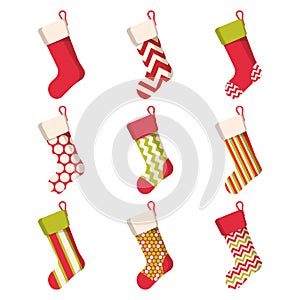 Christmas stocking set isolated on white background. Holiday Santa Claus winter socks for gifts. Cartoon decorated