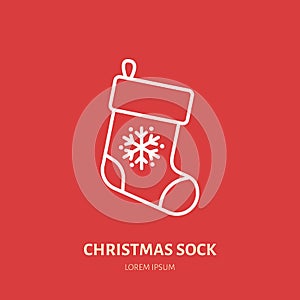 Christmas stocking, sock, new year decoration flat line icon. Winter holidays vector illustration, sign for celebration