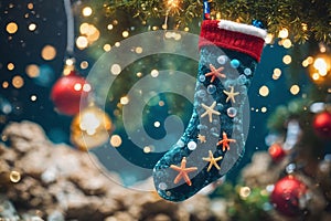 Christmas stocking underwater with fishs and sea plants around, xmas background